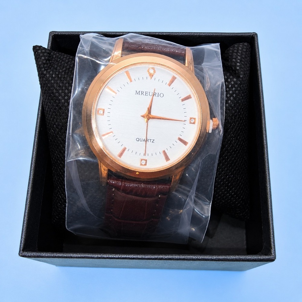 MREURIO Mens Quartz Watch Rose Gold Tone Brown Leather Band New In Box NIB -2781
